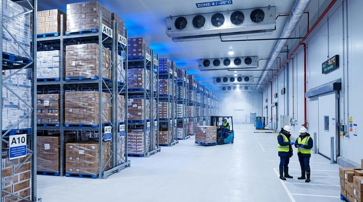 Warehouse team reviewing stock in a cold storage facility