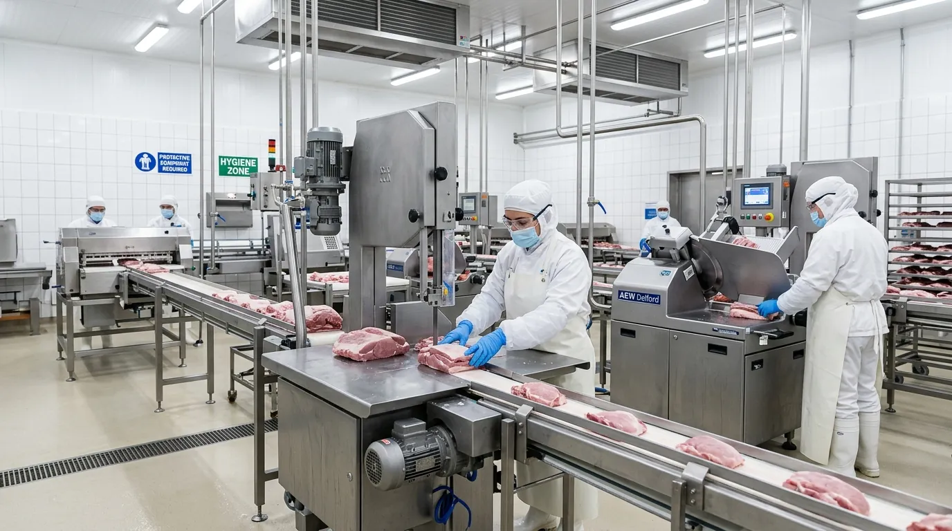 Meat processing team preparing cuts on a stainless steel production line