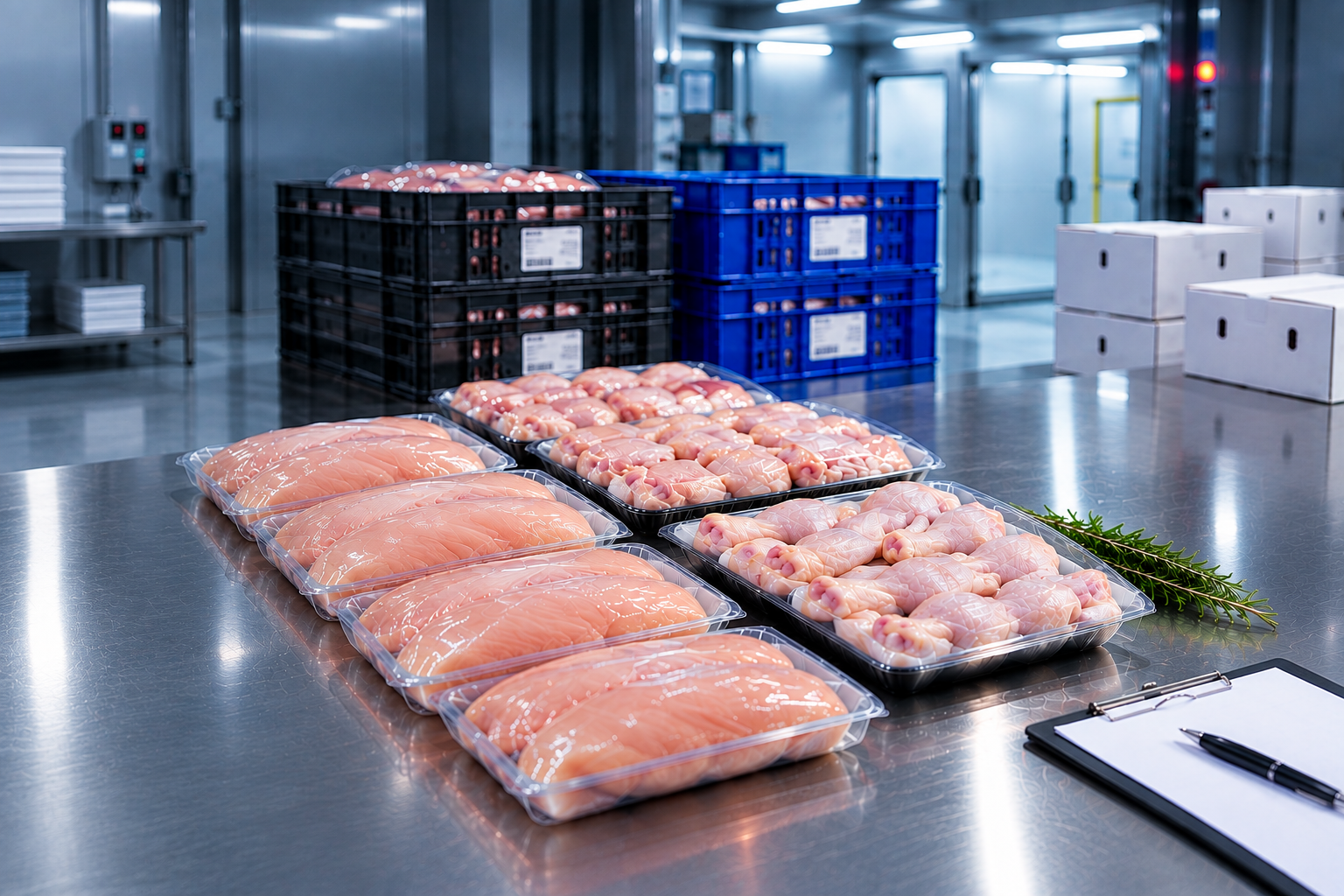 Sealed and labeled meat packs ready for dispatch