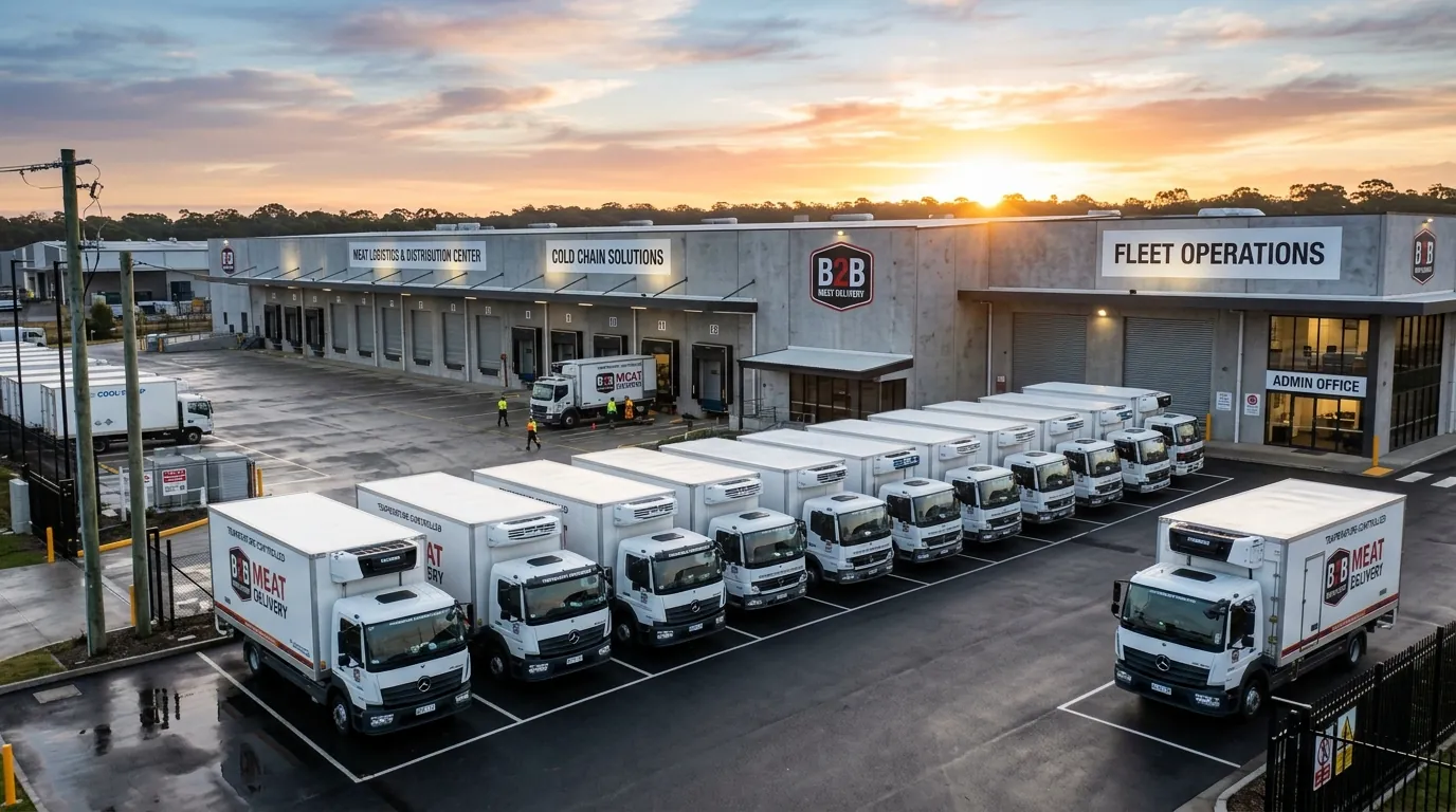 Refrigerated delivery trucks at a distribution facility
